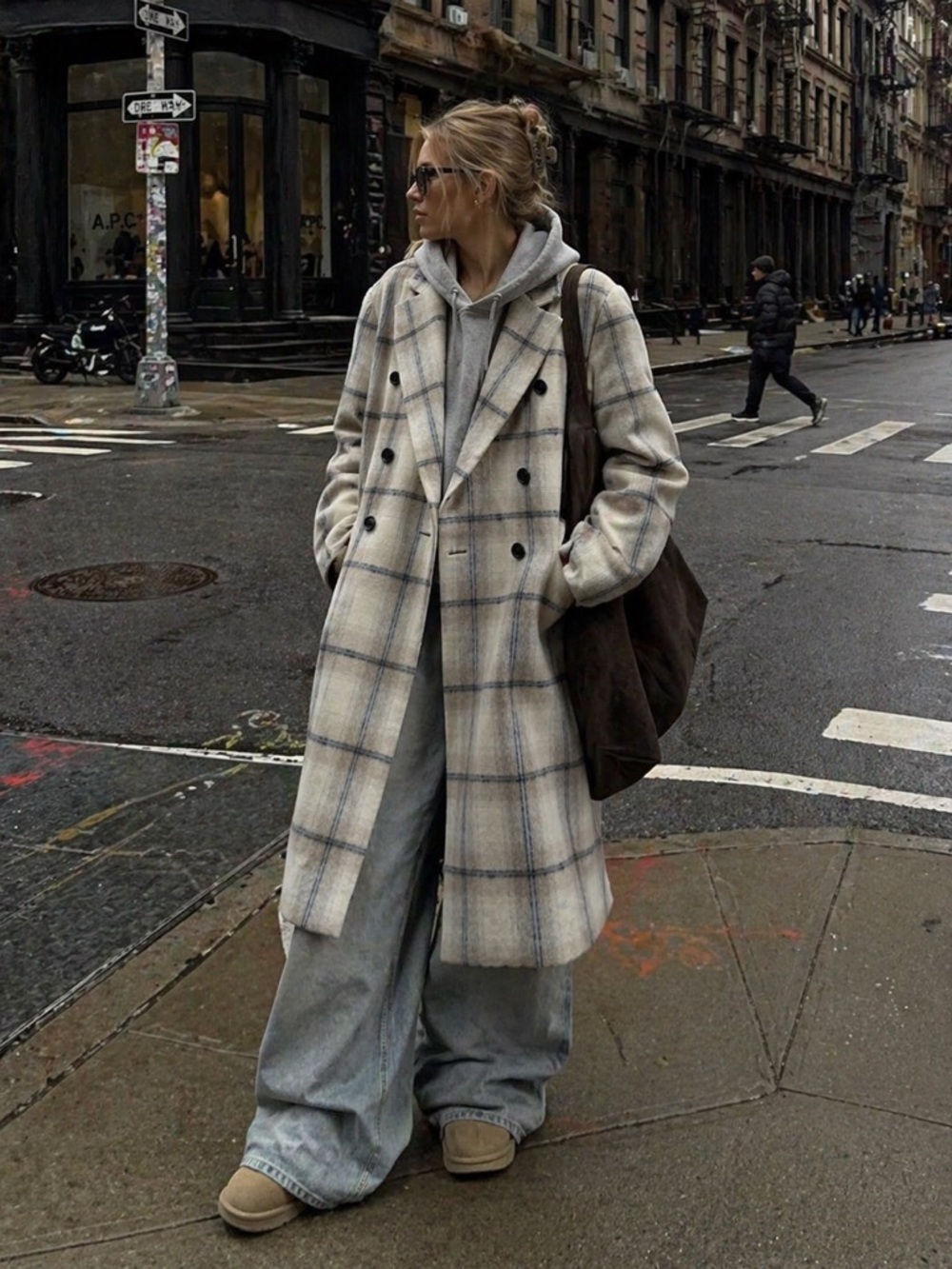 Ski by Tannin Plaid Wool Blend Coat White Check Double Breasted Oversized nwt